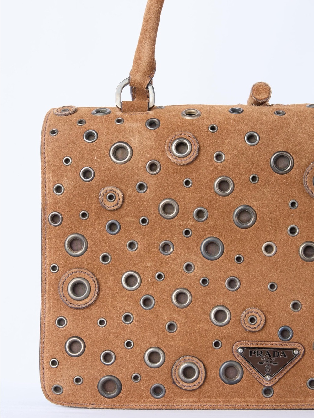 PRADA BROWN SUEDE GROMMET FRAME SATCHEL - Picture 3 of 7